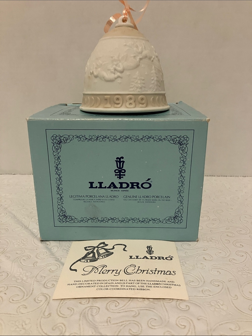 Lladro White Porcelain 1989 Holiday Bell Ornament